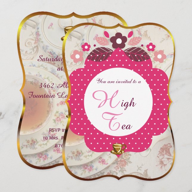 Rosa och Guld High Tea Inbjudningar (Fram/baksida)
