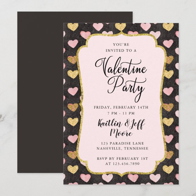 Rosa och Guld Hjärtan Valentinsfest Inbjudningar (Fram/baksida)