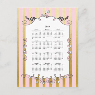 Rosa och Guld Illustrated Gräns 2016 Calendar Vykort