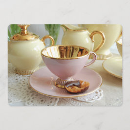 Rosa och guld- inbjudan för tekoppTeaparty