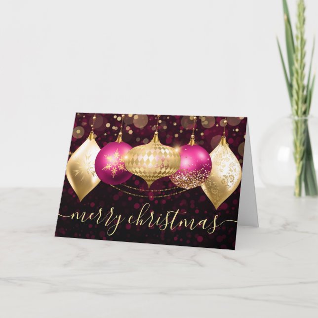 Rosa och Guld Julgranstillbehör Klot Helgkort (Framsida)