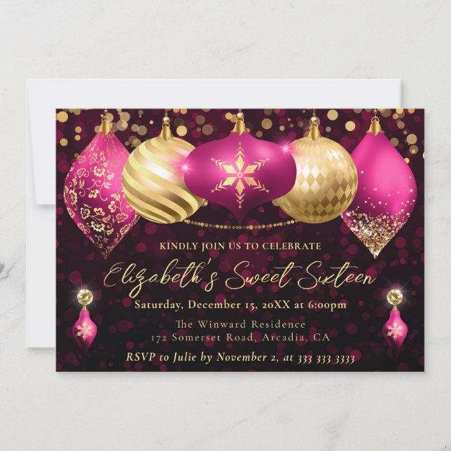 Rosa och Guld Julkulor Sweet 16 Inbjudningar (Framsida)