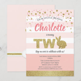 Rosa och guld kanin tjej 2-års födelsedagsinbjudan inbjudningar