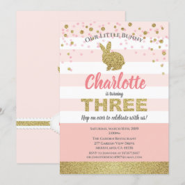Rosa och guld kanin tjej 3-års födelsedagsinbjudan inbjudningar