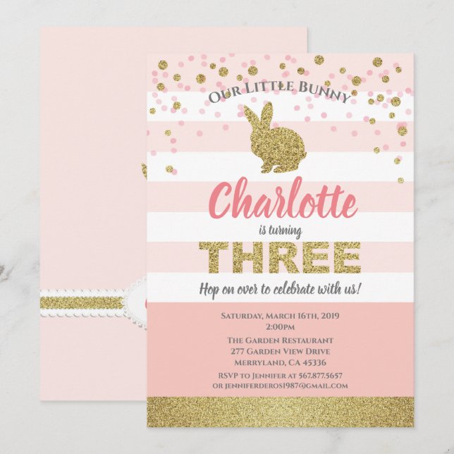 Rosa och guld kaninflicka 3-års inbjudan (Fram/baksida)