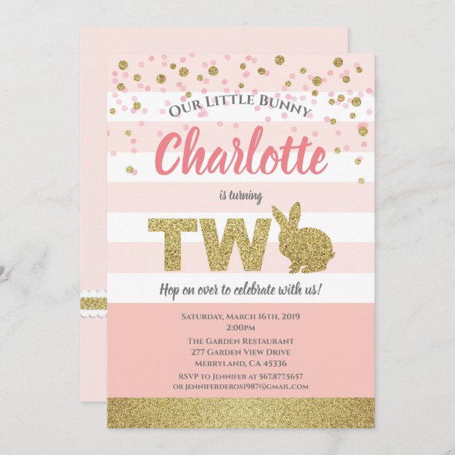 Rosa och guld kanintjej 2-års inbjudan (Fram/baksida)