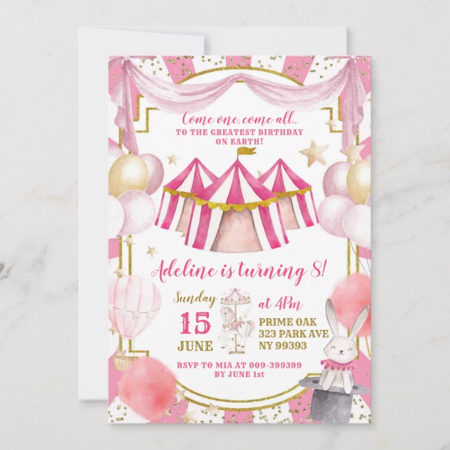 Rosa och Guld Karousel Girl Birthday-inbjudan Inbjudningar (Framsida)