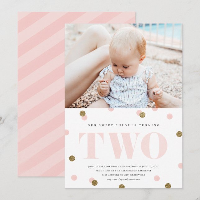 Rosa och guld konfetti andra födelsedagsfest  inbjudningar (Fram/baksida)