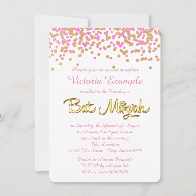 Rosa och guld konfetti Bar Mitzvah Inbjudningar (Framsida)
