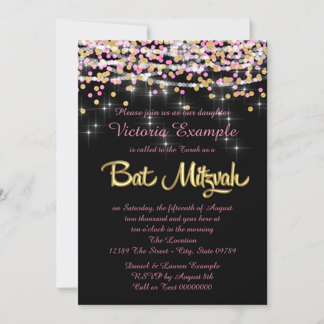 Rosa och guld konfetti Bar Mitzvah Inbjudningar (Framsida)