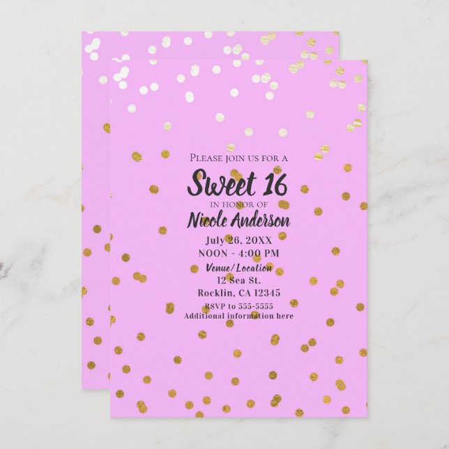 Rosa och Guld Konfetti Dots Modern Glamor Glam Inbjudningar (Fram/baksida)