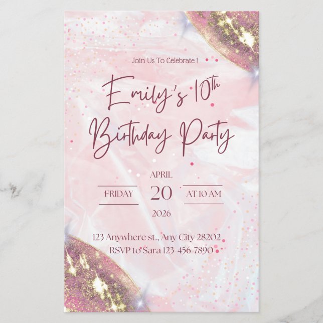 Rosa och Guld Konfetti Födelsedagsfest inbjudan Flygblad (Framsidan)