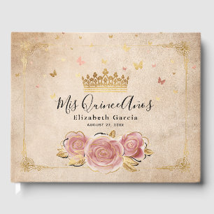 Rosa och guld krona Elegant Quinceanera Gästböcker