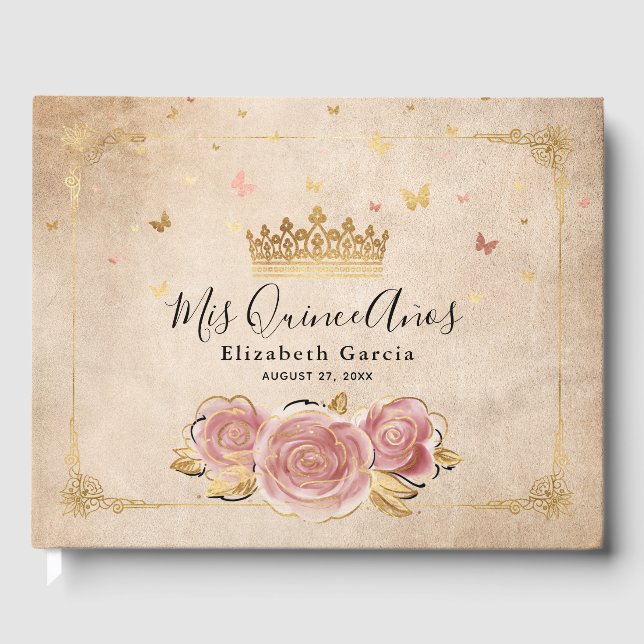 Rosa och guld krona Elegant Quinceanera Gästböcker (Framsida)