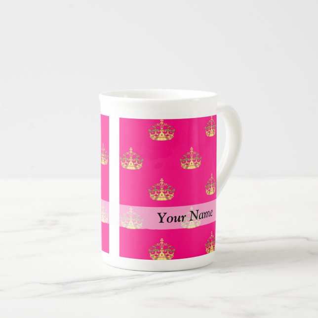 Rosa och guld krona mönster benporslin mugg (Framsida höger)