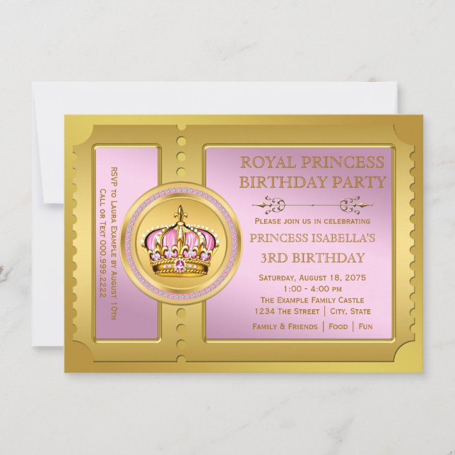 Rosa och Guld Kunglig Prinsessa Födelsedagsfest Inbjudningar (Framsida)