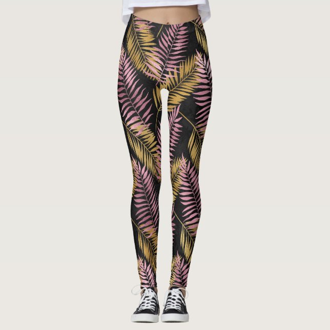 Rosa och Guld Leopard Blad Leggings (Framsida)