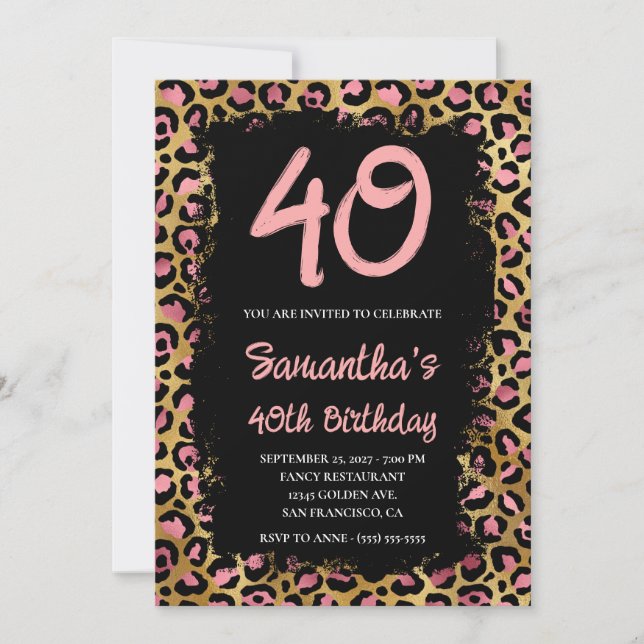 Rosa och Guld Leopard Målad svart 40:e födelsedag Inbjudningar (Framsida)