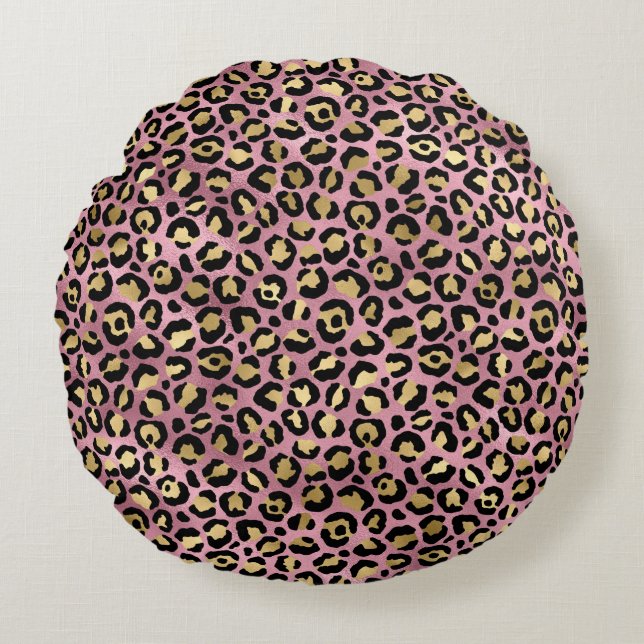 Rosa och Guld Leopard Serie Design 15 Rund Kudde (Framsidan)