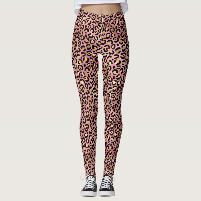 Rosa och Guld Leopard Skriv ut Mönster Leggings (Framsida)