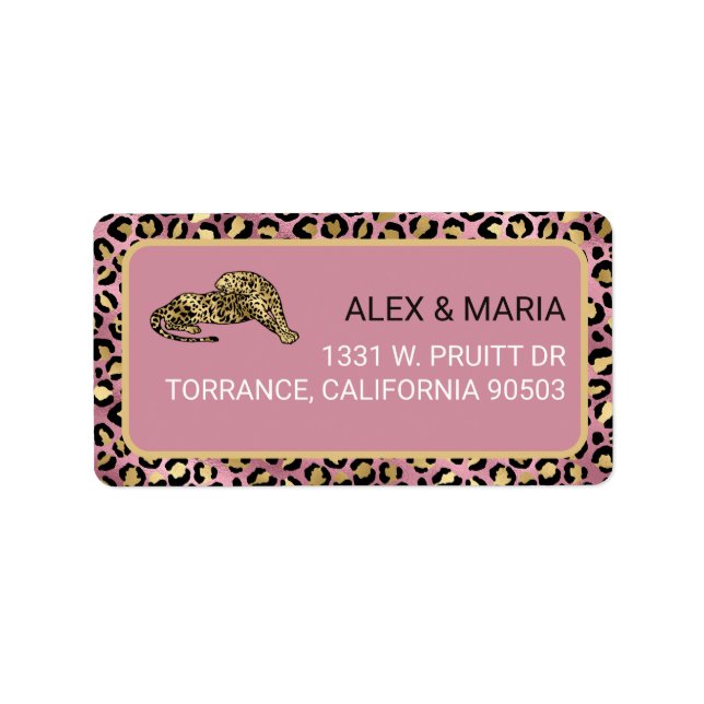 Rosa och guld leopardtryck adressetikett (Framsidan)