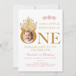 Rosa och Guld Little Princess 1:a födelsedagsfoto Inbjudningar