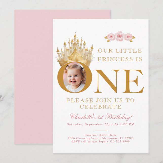 Rosa och Guld Little Princess 1:a födelsedagsfoto Inbjudningar (Fram/baksida)