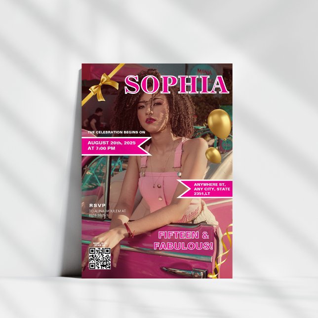 Rosa och Guld Magazine Cover QR-kod Quinceañera Inbjudningar (Skapare uppladdad)