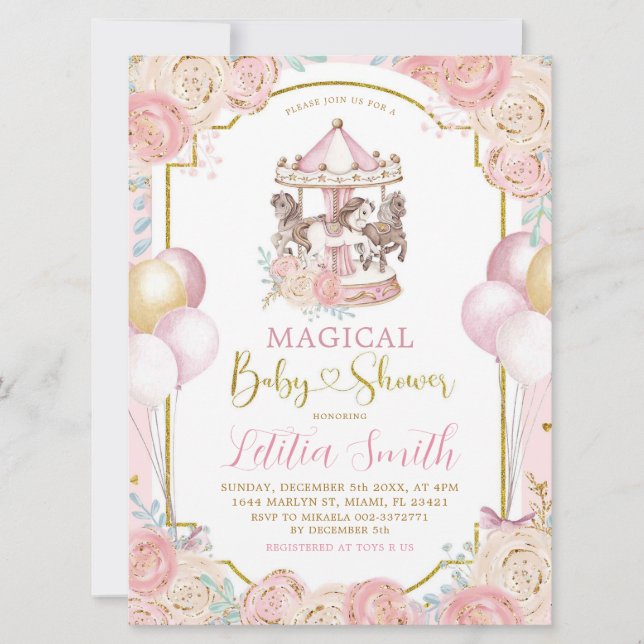 Rosa och Guld Magic Carousel Baby Shower Inbjudan (Framsida)