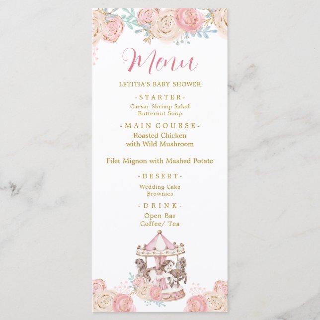 Rosa och Guld Magic Carousel Baby Shower Menu Meny (Framsida)
