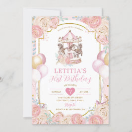 Rosa och Guld Magic Carousel Birthday-inbjudan Inbjudningar