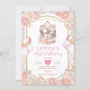 Rosa och Guld Magic Carousel Birthday-inbjudan Inbjudningar