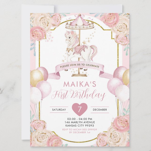 Rosa och Guld Magic Girl Carousel Birthday Inbjudningar (Framsida)