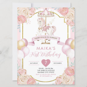 Rosa och Guld Magic Girl Carousel Birthday Inbjudningar