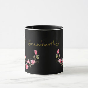 Rosa och Guld Magnolia på svart mormor Mugg
