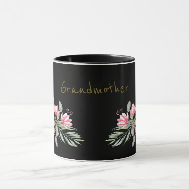 Rosa och Guld Magnolia på svart mormor Mugg (Center)