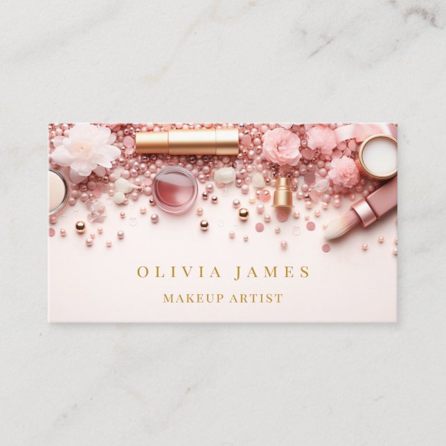 Rosa och Guld Makeup Artist Cosmetics Beauty Salon Visitkort (Framsida)