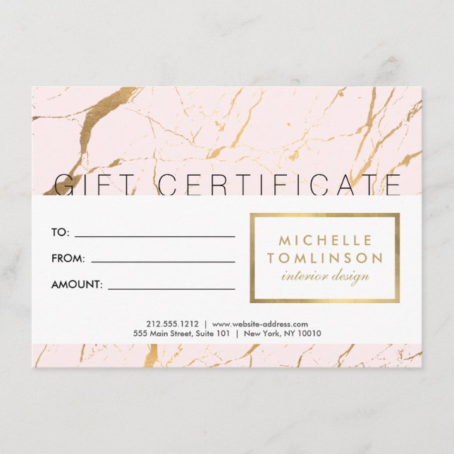 Rosa och Guld Marble Designer Gift Certificate (Framsida)