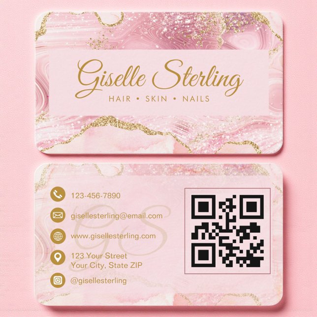 Rosa och Guld Marble QR-kod Visitkort (Skapare uppladdad)