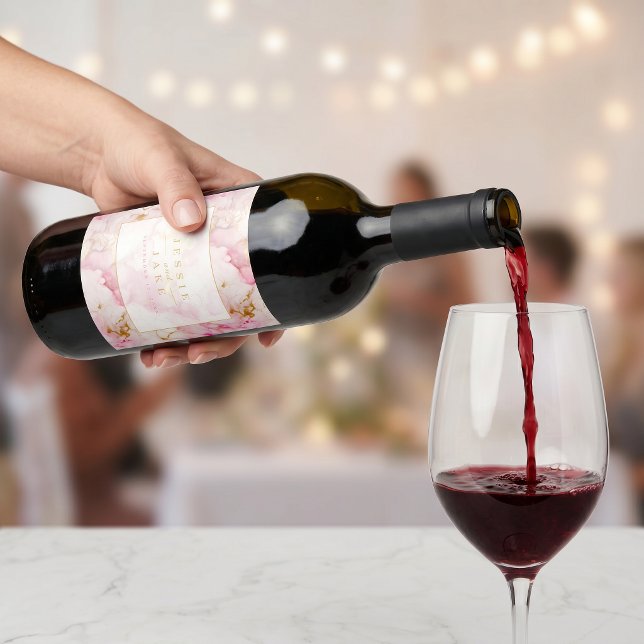 Rosa och guld marmor Bröllop Vinflaska Etikett (Pink and gold marble Wedding Wine Label)