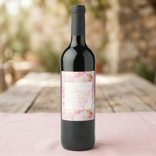 Rosa och guld marmor Bröllop Vinflaska Etikett (Pink and gold marble Wedding Wine Label)