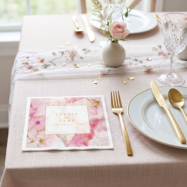 Rosa och guld marmor effekt Bröllop Pappersservett (Pink and gold marble effect Wedding Napkins)