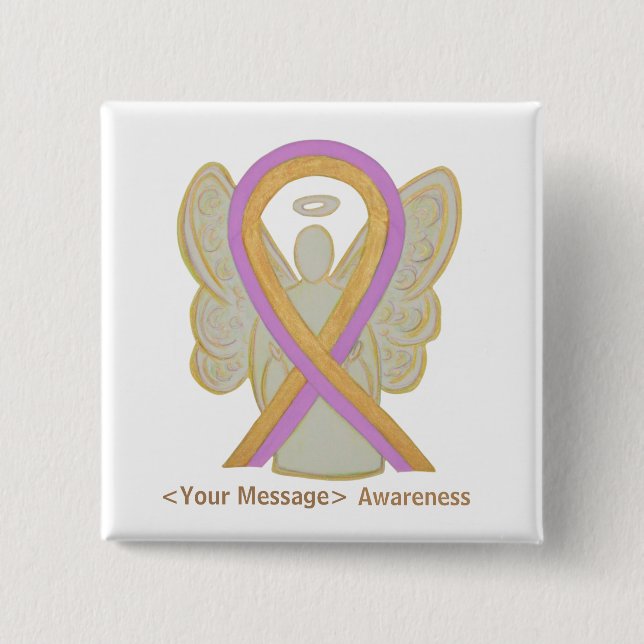 Rosa och Guld medvetenhet Ribbon Angel Button Stif Knapp (Framsida)