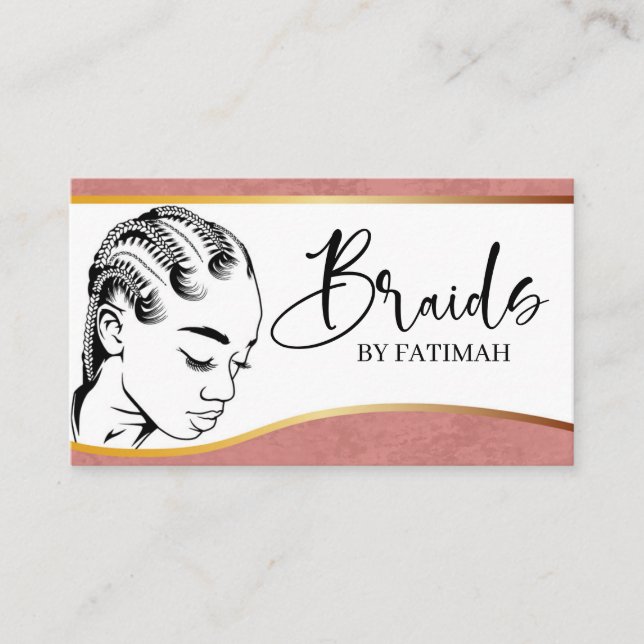 Rosa och Guld Modern Hair Braiding Salon Business Visitkort (Framsida)