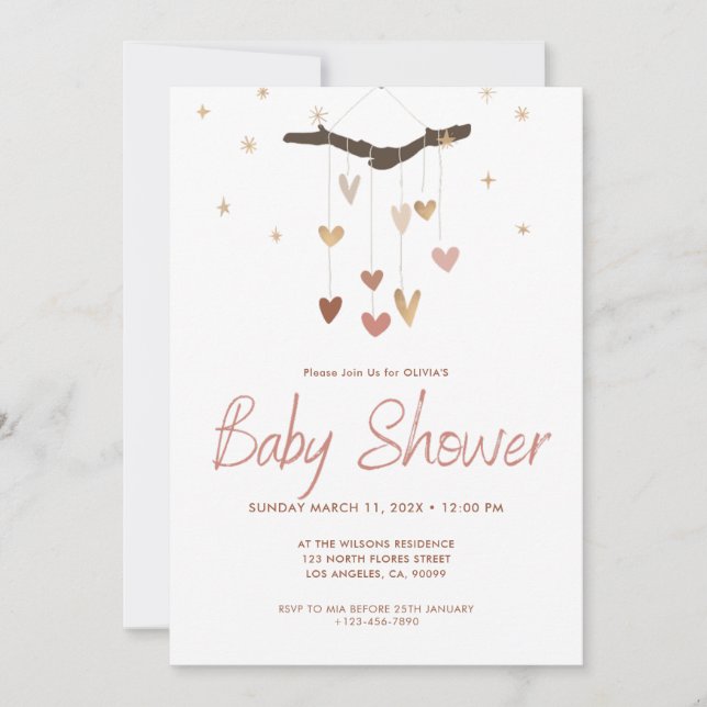 Rosa och Guld Modern Simple Cute Boho Baby Shower Inbjudningar (Framsida)