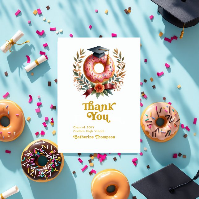 Rosa och Guld Munkar och Examen Utexaminerad Tack Kort (Pink and Gold Donuts and Degrees Graduation Thank You Card)