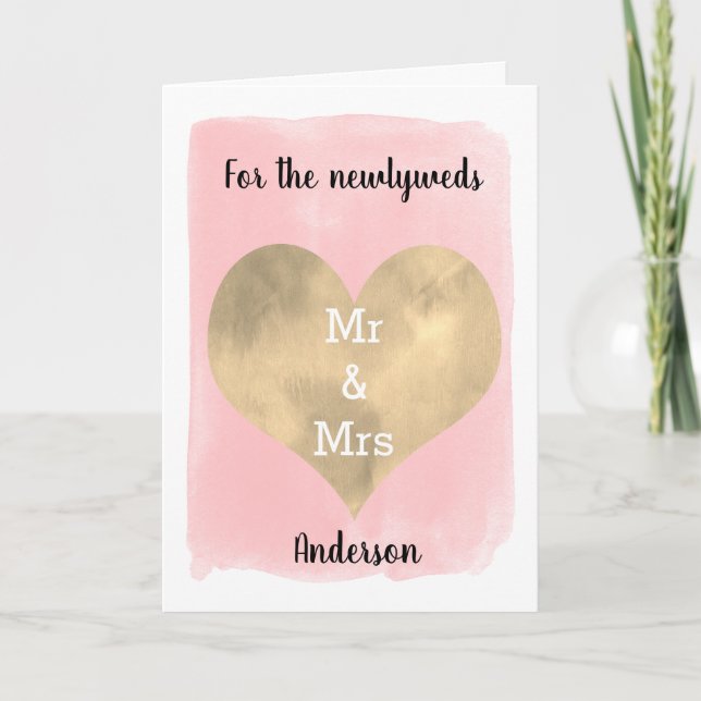 Rosa och Guld Newlyweds Grattis Bröllop Kort (Framsida)