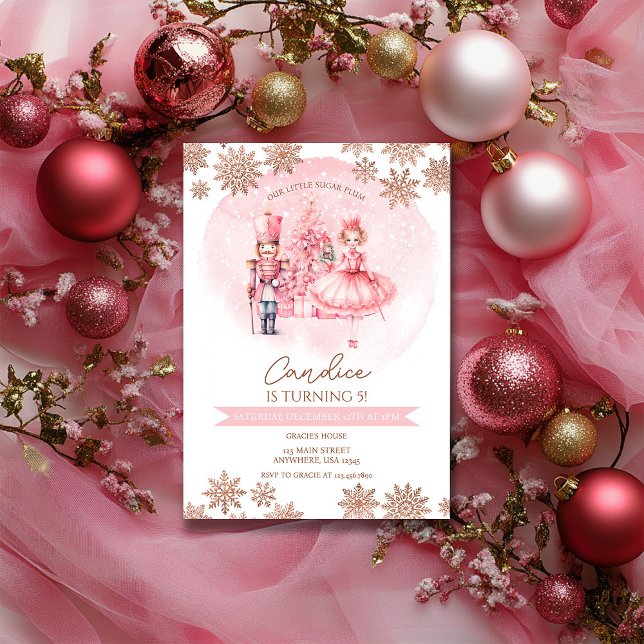 Rosa och Guld Nutcracker Birthday Sugar Plum Fairy Inbjudningar (Skapare uppladdad)