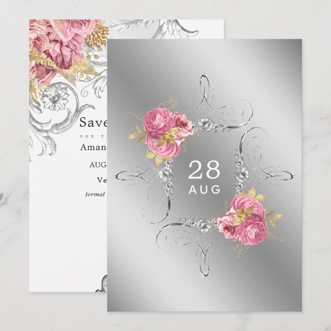 Rosa och guld och silver blommande diamantbröllop spara datumet (Fram/baksida)