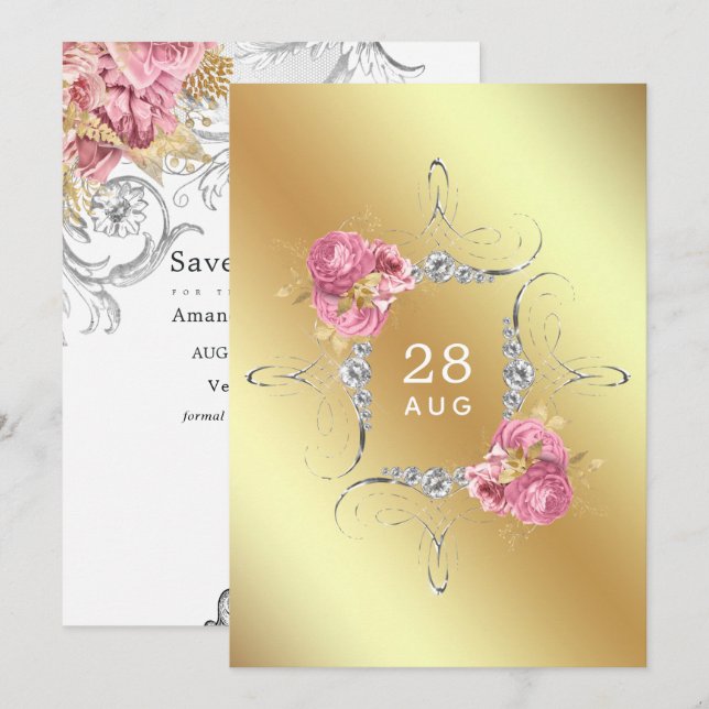 Rosa och Guld och Silver Blommig Diamant Bröllops- Spara Datumet (Fram/baksida)